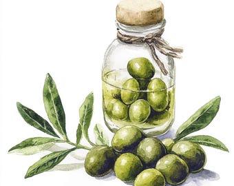 10 Printable Olives in bowl decor, Watercolor Olives oil, Olives oil and fresh olives, mediterranean food, Olives print