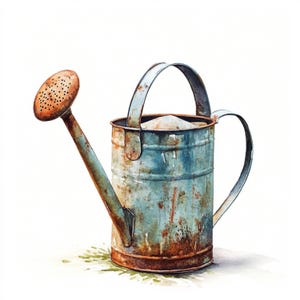 May include: A rusty blue watering can with a brown metal spout and handle. The can has a worn, vintage look.
