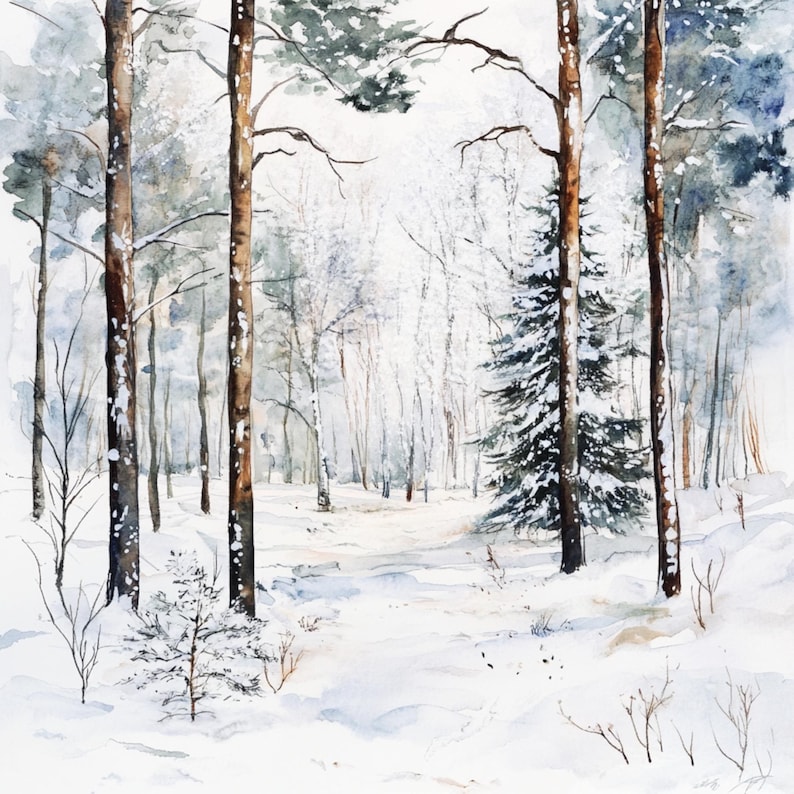 10 Winter Snowy Forest, Watercolor Art, Christmas Decor, Snowy Forest ...