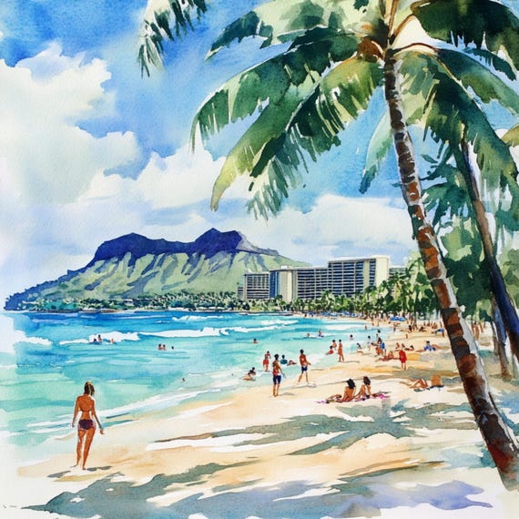 ハワイ　風景画　　（原画） 印刷可能なハワイの風景写真10枚、ハワイのビーチの水彩画、ホノルルの