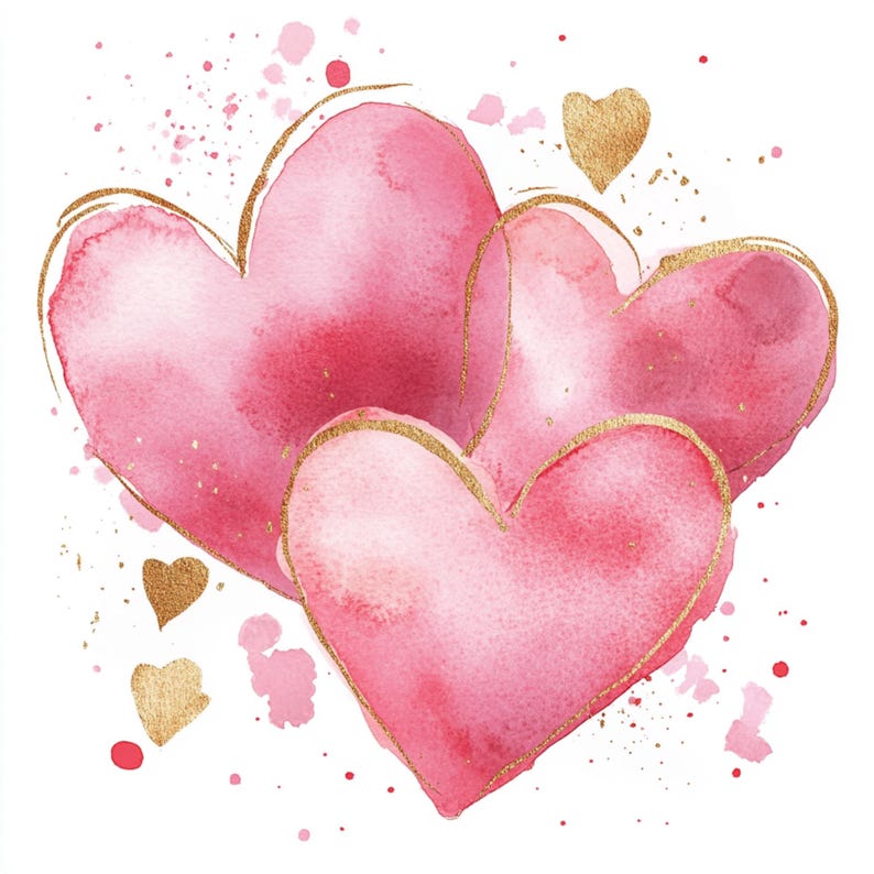 Printable Pink and Gold Hearts, Watercolor Rose Gold Hearts, Cute ...