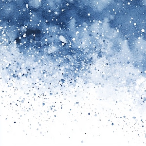 May include: Abstract watercolour painting in shades of blue and white. The artwork features a blend of dark and light blue hues with scattered white speckles, creating a textured, dreamy effect. The design evokes a sense of depth and movement.