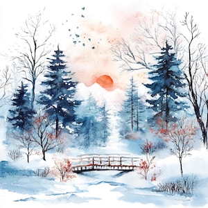 Op de afbeelding: Een aquarel schilderij van een winterscene met een houten brug over een beek. De bomen zijn kaal en de grond is bedekt met sneeuw. De lucht is zacht roze en oranje, met een rode zon die in de verte ondergaat.