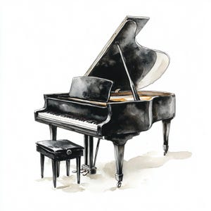 Pu&ograve; includere: Illustrazione ad acquerello di un pianoforte a coda nero con il coperchio aperto. Il pianoforte ha un panchetto e un leggio. I tasti sono bianchi e neri. Il pianoforte &egrave; su sfondo bianco.