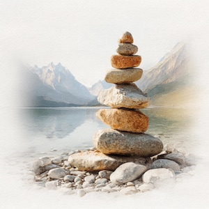 May include: A stack of balanced stones, a cairn, stands tall against a serene lake and mountain backdrop. The stones vary in size and color, from light gray to warm brown, creating a natural and balanced composition. The scene evokes tranquility and harmony.