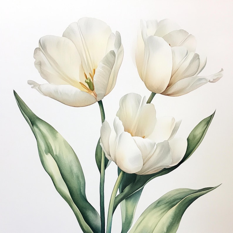 Puede incluir: Un ramo de tres tulipanes blancos con hojas verdes. Los tulipanes est&aacute;n en plena floraci&oacute;n y tienen un aspecto suave y delicado.