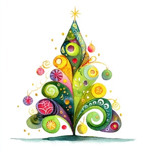 Op de afbeelding: Waterverfillustratie van een grillige kerstboom. De boom is versierd met kleurrijke ballen in groen, geel, rood en paars. Een gouden ster staat bovenop de boom. Het ontwerp heeft een unieke, artistieke stijl, ideaal voor feestelijke decoraties.