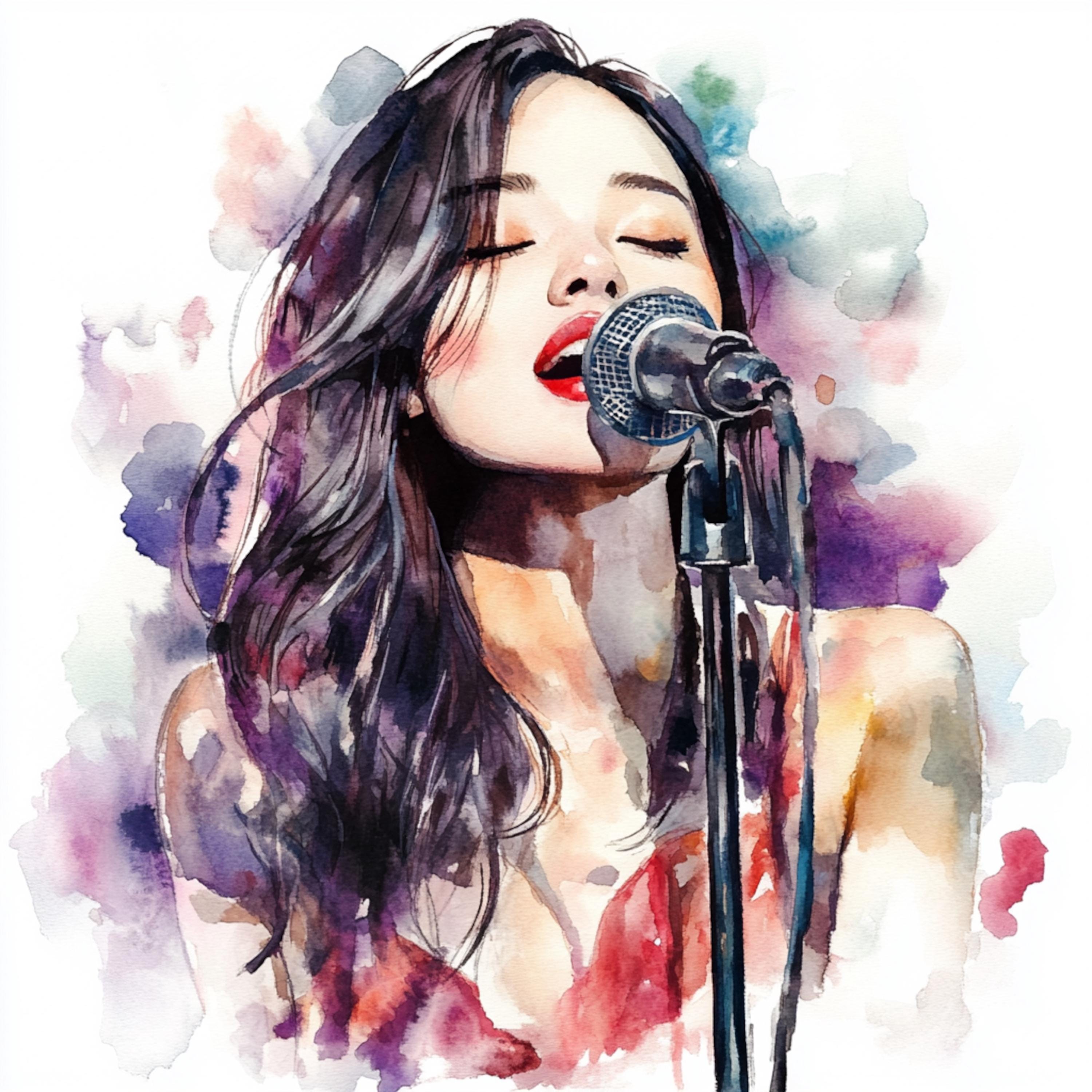 水彩画の歌うアジアの女の子、若い歌手、美しいアジアの女の子、水彩画