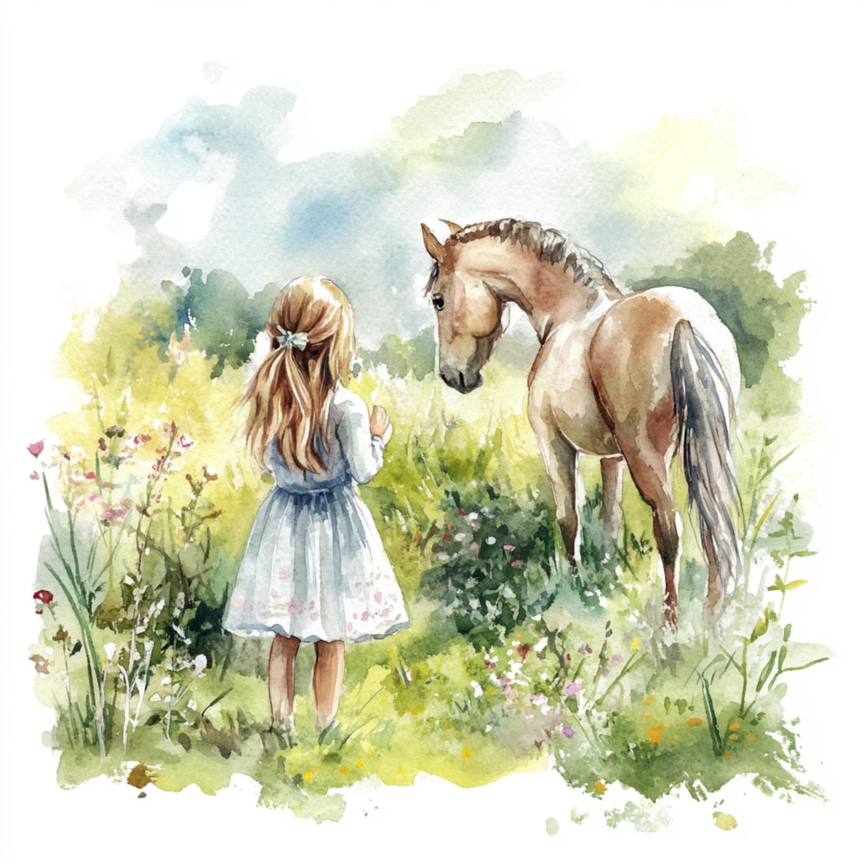 Printable Little Girl and Horse, Watercolor Girl and Ponny Art, Watercolor  Clip Art, Printable JPG, Commercial, Spring Landscape Art - Etsy, image size:3000x3000