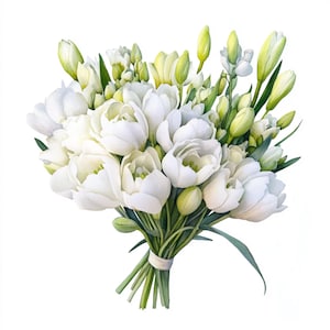 May include: A bouquet of white freesia flowers with green stems and buds. The flowers are arranged in a loose, natural style.