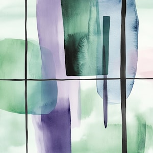 May include: Abstract watercolor painting with overlapping shapes in shades of green, purple, and blue. The shapes are separated by black lines, creating a grid-like pattern.