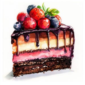 Könnte beinhalten: Ein Stück Schokoladenkuchen mit einer rosa und gelben Schicht, überzogen mit Schokoladenüberzug und frischen Beeren. Der Kuchen ist mit Erdbeeren und Blaubeeren verziert.