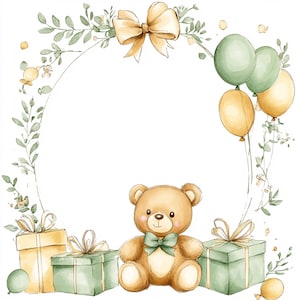 Könnte beinhalten: Aquarell-Illustration eines Teddybären mit grüner Fliege, umgeben von Geschenken, Luftballons und einem floralen Kranz. Die Farbpalette umfasst sanfte Grün-, Gelb- und Brauntöne und erzeugt eine sanfte Ästhetik. Ideal für Babypartys oder Kinderveranstaltungen.
