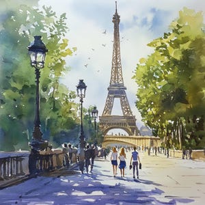 10 calles de París imprimibles, arte de verano en París, pintura callejera europea, arte acogedor de las calles de París, ilustración parisina, tarjeta de la Torre Eiffel