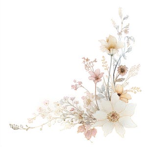 May include: Watercolor illustration of a floral arrangement featuring white, peach, and pink flowers with delicate green and gold accents. The design is set against a white background, creating a soft and elegant aesthetic. Ideal for wedding invitations or stationery.