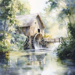 10 Mulino ad acqua in legno antico stampabile, Clipart acquerello, mulino ad acqua sul fiume, Artigianato di carta, arte del mulino ad acqua in legno, paesaggio fluviale