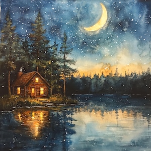 May include: A watercolor painting of a cozy cabin in the woods with a crescent moon and stars in the night sky. The cabin has a warm glow from the windows and is reflected in the still lake water.