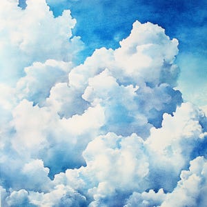 May include: A watercolor painting of a blue sky with fluffy white clouds. The clouds are clustered together, creating a sense of depth and dimension. The sky is a bright, clear blue, and the clouds are soft and white.
