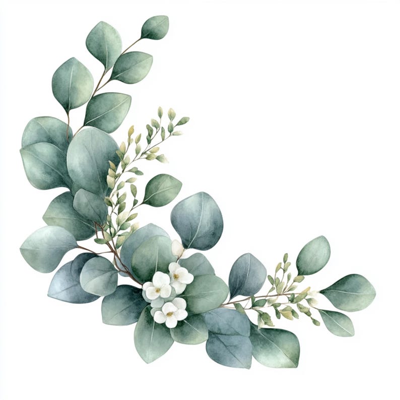Puede incluir: Ilustraci&oacute;n de acuarela de una rama de eucalipto con flores blancas. La rama est&aacute; dispuesta en forma de media luna con las flores agrupadas en el centro.