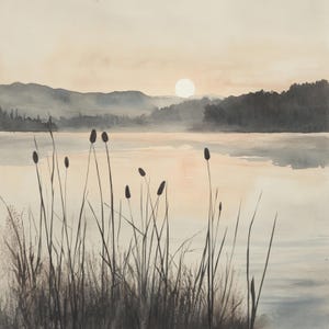 10 utskrivbara sjölandskap, minimalistiskt landskap, dimmig sjö akvarell konst, solnedgång sjötryck, morgon sjölandskap, soluppgång sjökonst