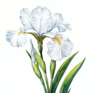 May include: A watercolor painting of a white iris flower with yellow and purple accents. The flower is in bloom and has several buds. The background is white.