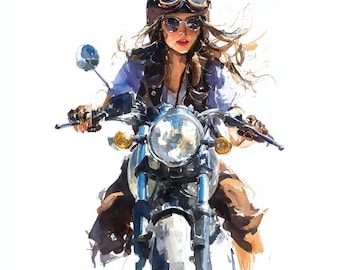 10 Printable motorcycle girl, young women on motorcycle, Beautiful girl, Watercolor clipart, High Quality JPGs, Card making, Commercial use