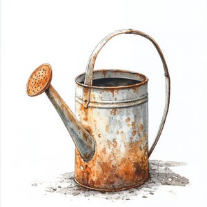 May include: A rusty metal watering can with a long spout and a handle. The can is brown and orange with a grey metal body.