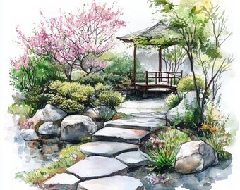 10 印刷可能な日本庭園、水彩画の庭園、桜公園のプリント、和風、商業