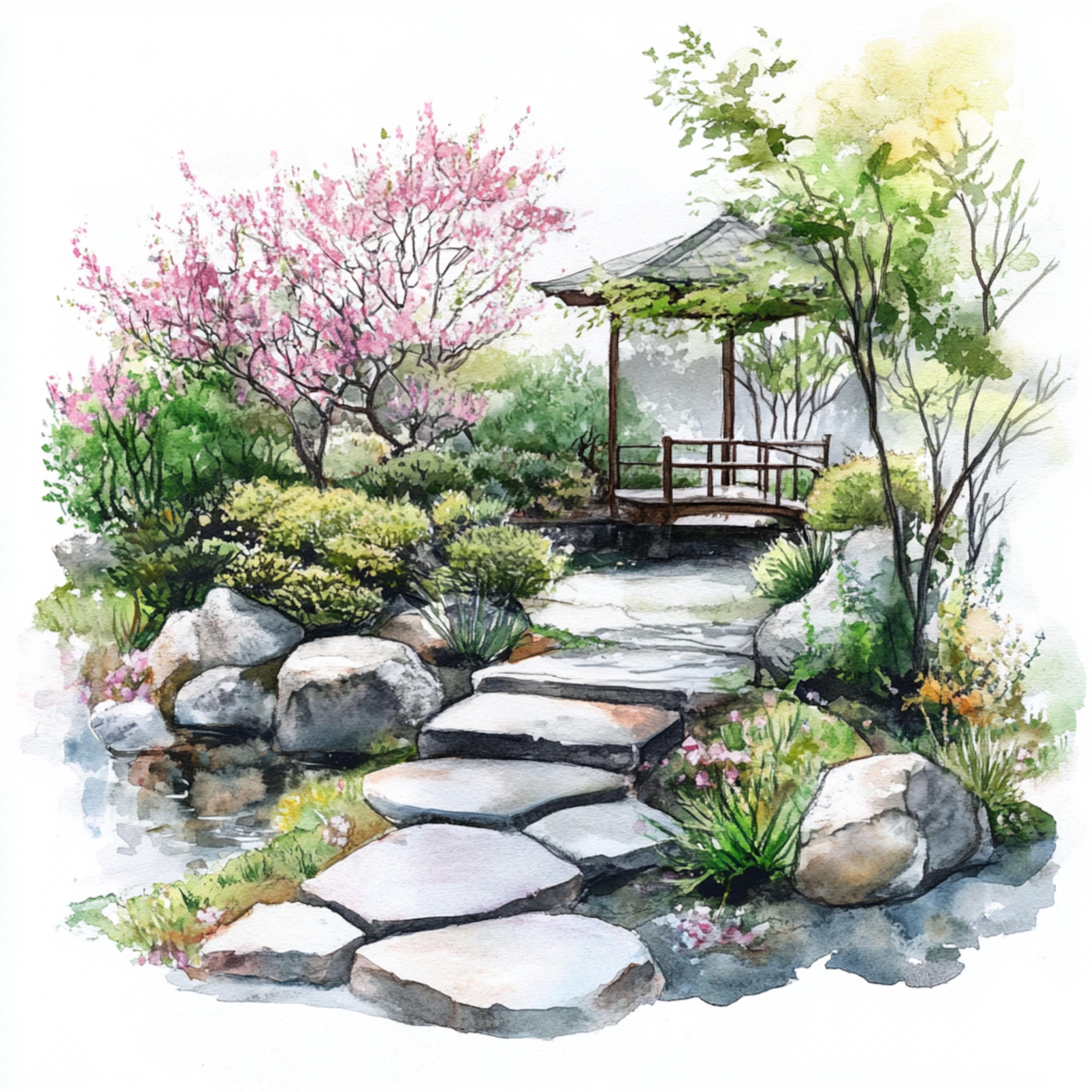 10 印刷可能な日本庭園、水彩画の庭園、桜公園のプリント、和風、商業