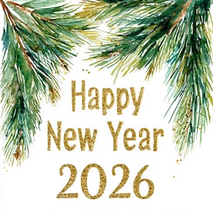 May include: A watercolor design with green pine branches and gold glitter accents. The words "Happy New Year 2026" are written in gold glitter. The image is on a white background.