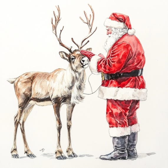 トナカイとサンタ、水彩トナカイのクリップアート、クリスマスの