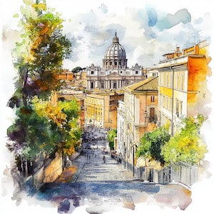 Lente Rome kaart, afdrukbare aquarel Italië, Rome aquarel, paaskaart, Rome illustraties, commercieel gebruik, lente Rome stad aquarel