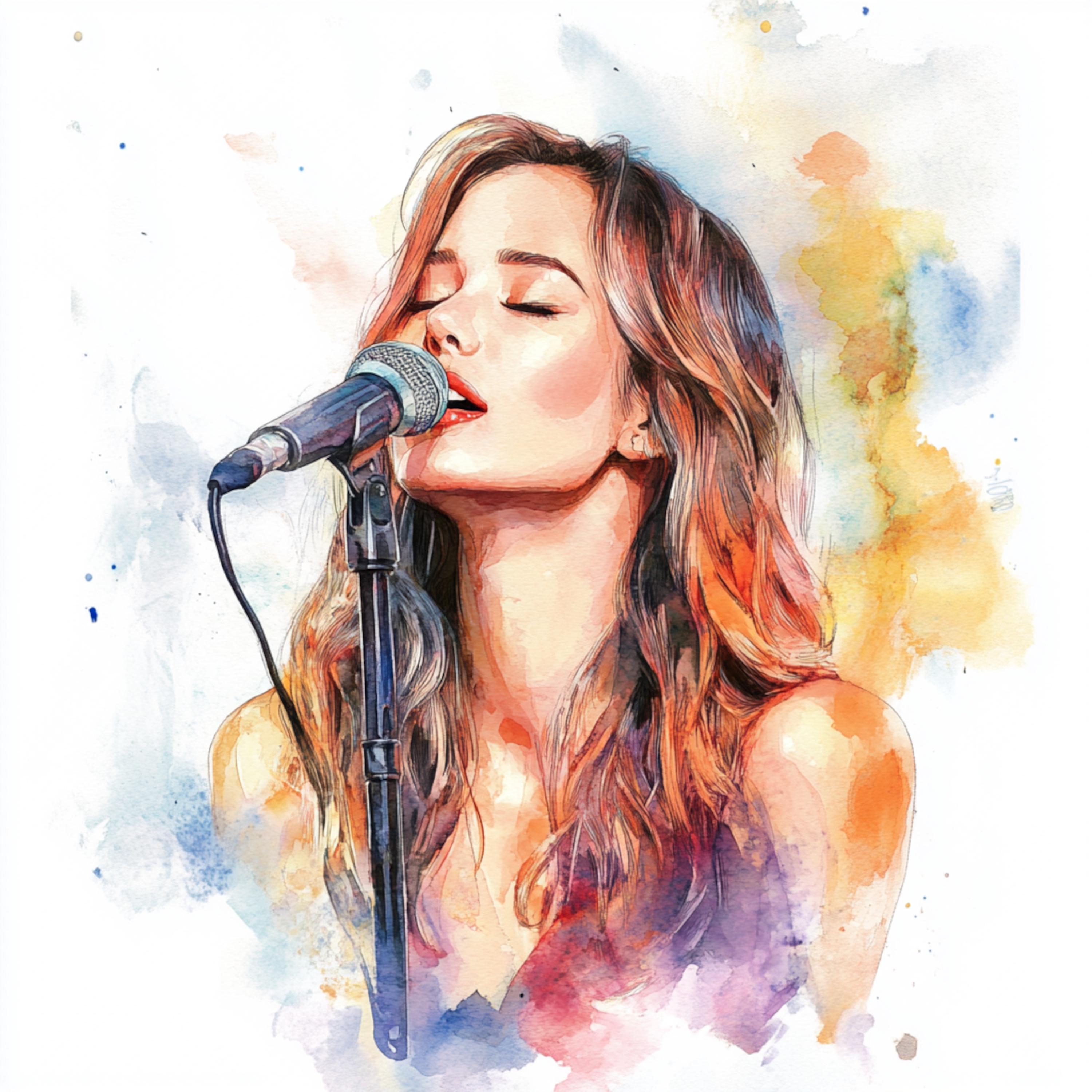 水彩画の歌う少女、若い女性歌手、美しい歌手の少女、水彩画のクリップ