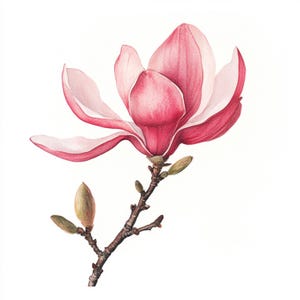 May include: A watercolor painting of a pink magnolia flower in bloom. The flower is on a branch with two buds. The background is white.