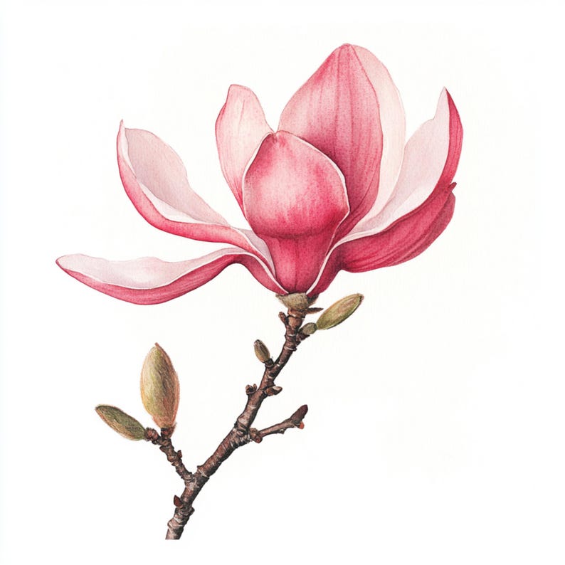 May include: A watercolor painting of a pink magnolia flower in bloom. The flower is on a branch with two buds. The background is white.