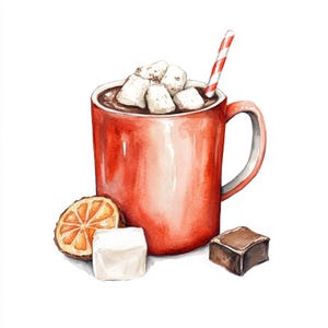 Tazza di cioccolato rossa con marshmallow, immagini acquerellate, clipart natalizie, JPG stampabili, download immediato, uso commerciale, design della carta