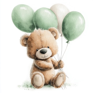Puede incluir: Ilustración en acuarela de un oso de peluche sosteniendo globos verdes y blancos. El oso es de color marrón claro con una nariz negra y una expresión sonriente. Los globos son en tonos verdes y blancos, sugiriendo un tema festivo.