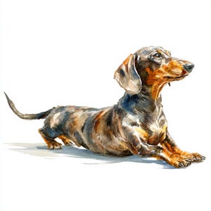 Pode incluir: Pintura em aquarela de um cão dachshund em uma pose relaxada. O cão tem uma pelagem marrom e preta com um corpo longo e pernas curtas. A obra de arte é definida em um fundo branco, destacando as características do cão.