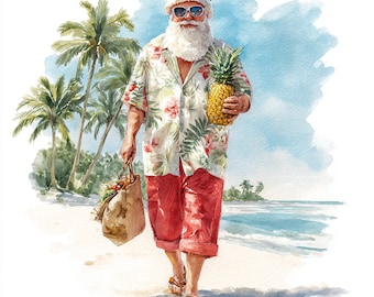 May include: Watercolor illustration of Santa Claus on a tropical beach. He wears sunglasses, a Hawaiian shirt, red shorts, and sandals. Santa carries a pineapple and a shopping bag, with palm trees and ocean in the background.