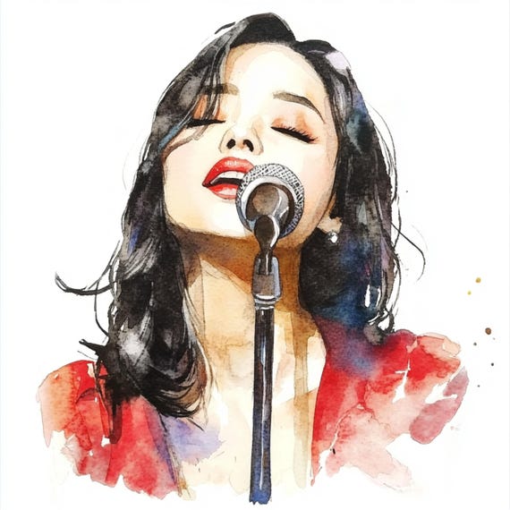 水彩画の歌うアジアの女の子、若い歌手、美しいアジアの女の子、水彩画