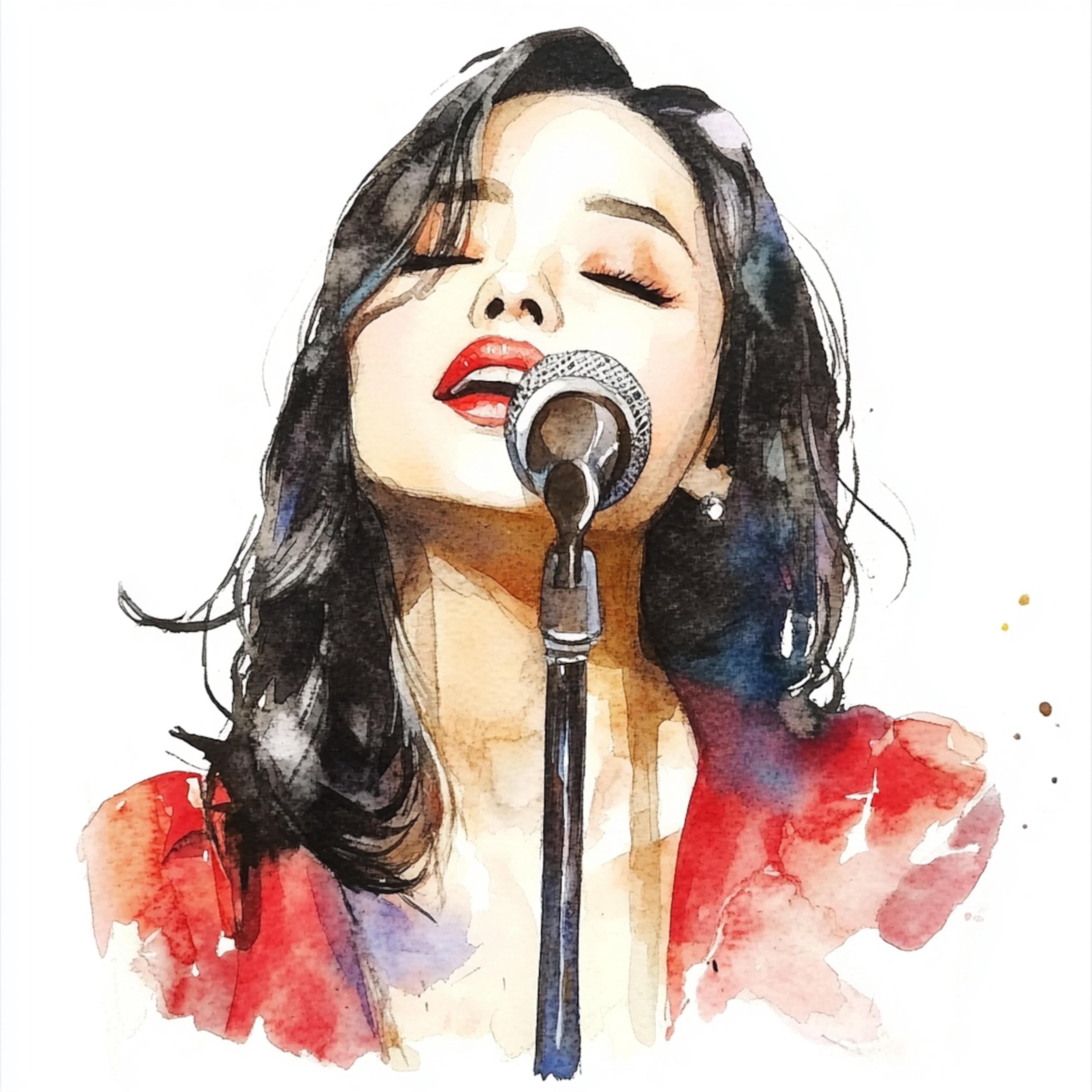 水彩画の歌うアジアの女の子、若い歌手、美しいアジアの女の子、水彩画