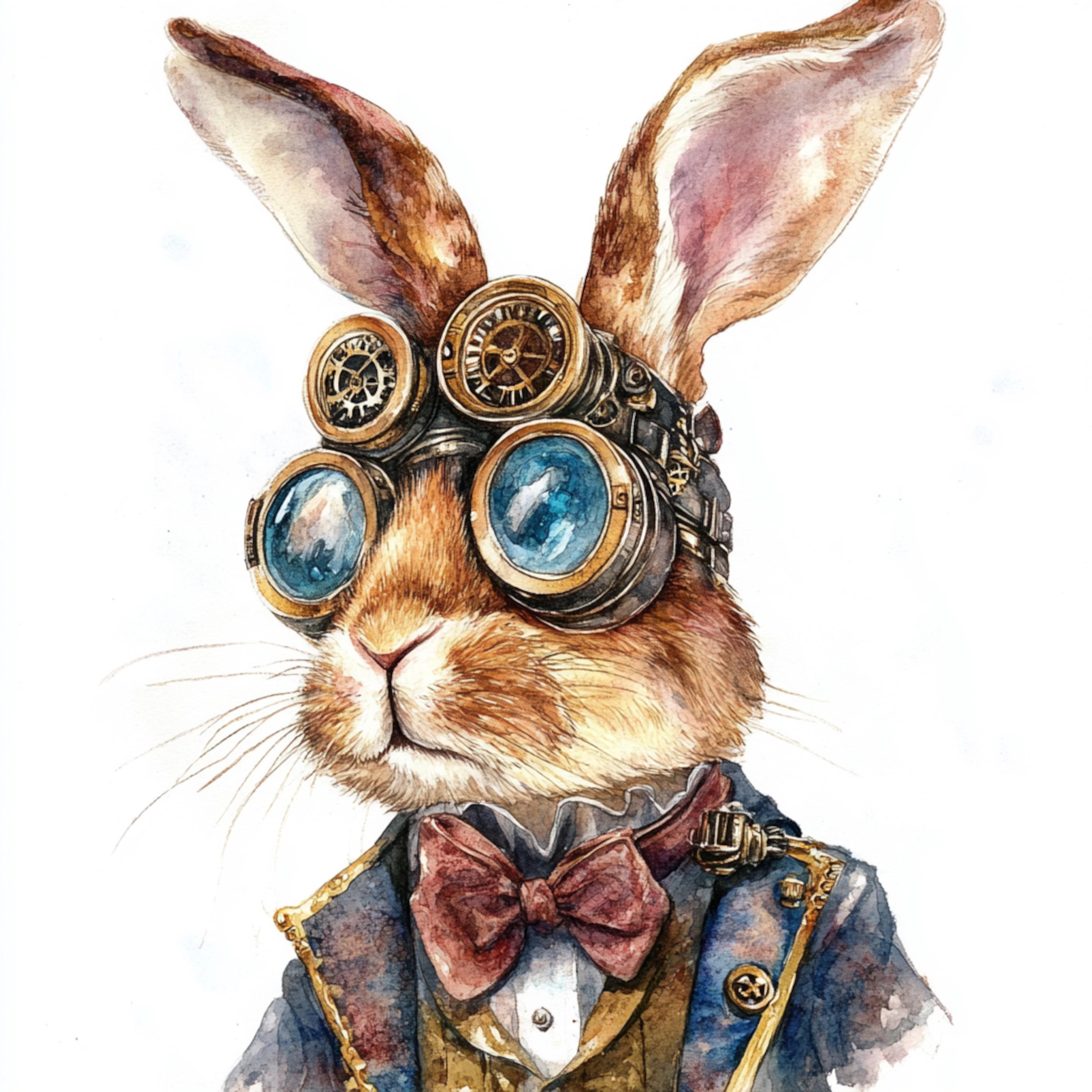 10 Steampunk Bunny Clipart, Steampunk Rabbit, Watercolor Art, Paper ...