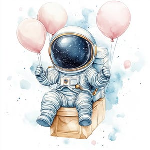 10 Printable Astronaut Air Balloons, Watercolor Astronaut print, blue Birthday Balloons, pastel gift card, Pink and Blue Balloons cards