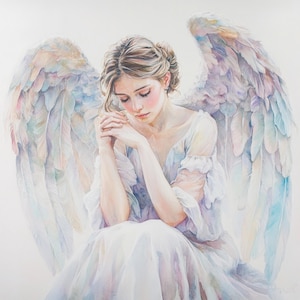 May include: A watercolor painting of an angel with soft, pastel-colored wings. The angel is depicted with long, flowing hair and a gentle expression, with their hands clasped together in prayer. The painting is done in a delicate and ethereal style, with a focus on the angel's beauty and grace.
