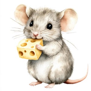 May include: A watercolour illustration of a grey mouse clutching a yellow cheese block with holes. The mouse has large, black eyes, pink ears, and a long, thin tail. The image is set against a white background.