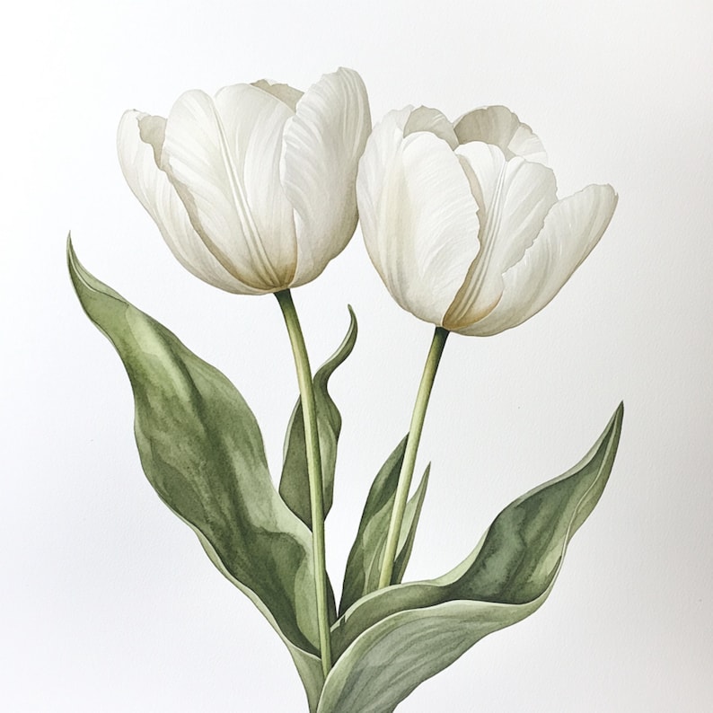 Puede incluir: Dos tulipanes blancos con hojas verdes sobre un fondo blanco. Los tulipanes est&aacute;n en plena floraci&oacute;n y tienen una apariencia delicada y elegante.
