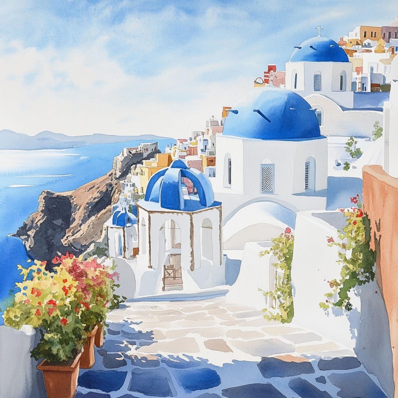 May include: A watercolor painting of a white building with blue domes, set against a backdrop of a blue sea and a rocky coastline. The building is surrounded by other white buildings and a lush green bush.