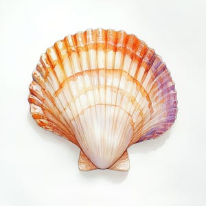 Puede incluir: Una pintura detallada en acuarela de una concha de vieira. La concha es de color beige claro con matices de naranja y morado. La concha está cerrada y tiene una forma redonda y lisa.