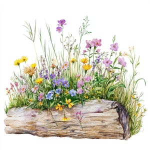 Könnte beinhalten: Aquarellillustration eines Baumstamms mit einer Vielzahl von Wildblumen und Gräsern. Die Blumen sind in Gelb-, Lila-, Rosa- und Blautönen gehalten. Der Baumstamm ist braun und strukturiert.