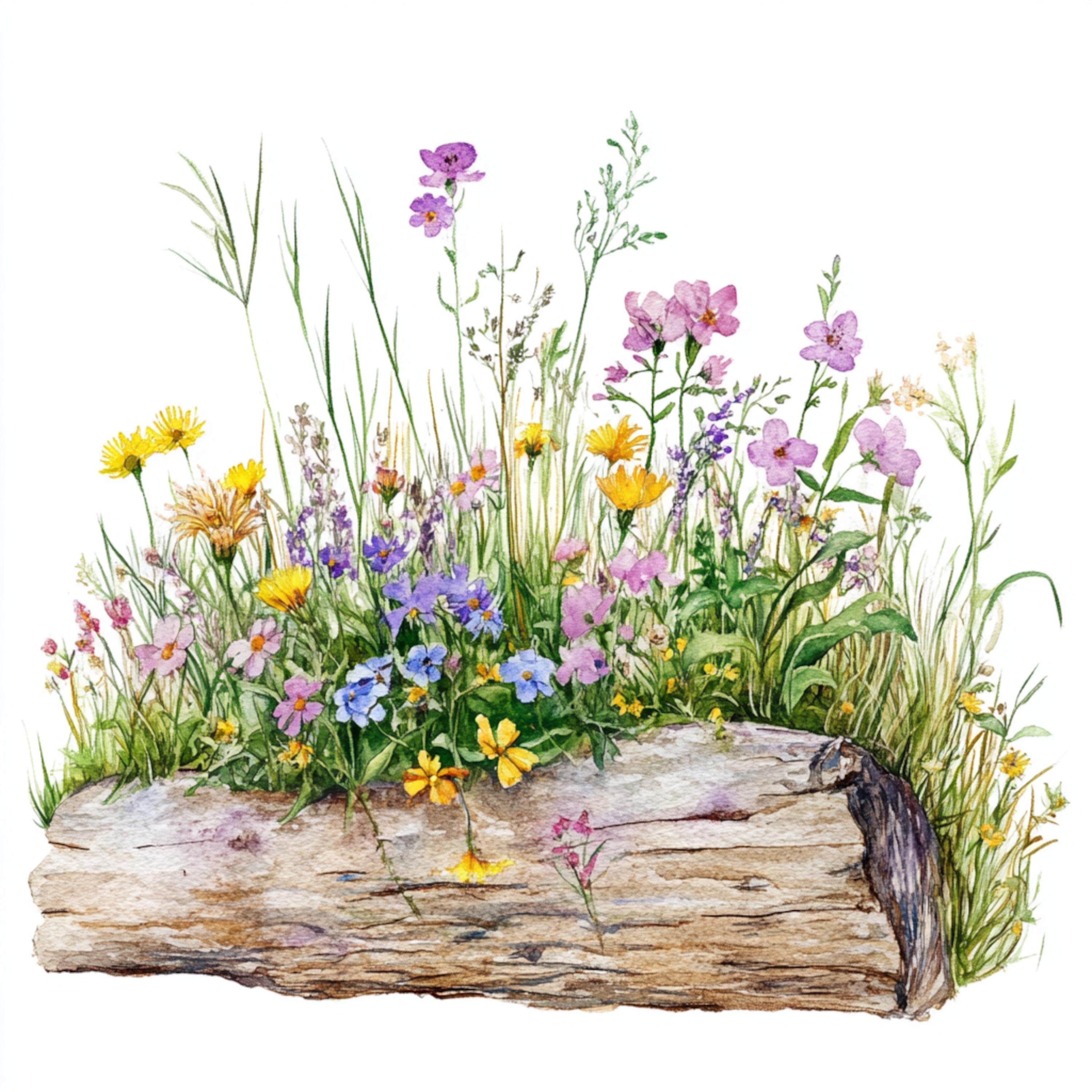 10 Printable Wildflowers on Log, Watercolor Grassland Flowers